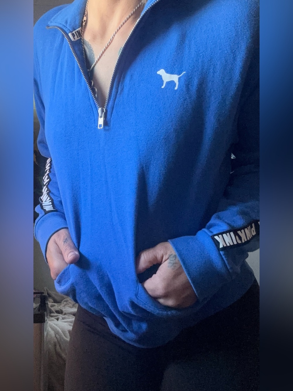 PINK Victoria's Secret Men's Royal Blue Quarter-Zip Pullover with Dog Logo